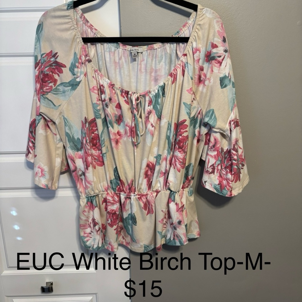 White Birch Floral Blouse - Cream and Pink-Size M-EUC